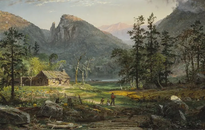 Framed Print : PIONEERS HOME, EAGLE CLIFF, WHITE MOUNTAINS, 1859, by Jasper Francis Cropsey, painting, oil on canvas. Two children and an ax bearing father walk toward the woods