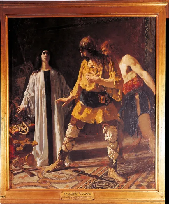 Framed Print : Pious Maiden Defending the Church Vestments and Vessels Entrusted to Her Safe keeping against a Goths Rapacity, by Cesare Tallone, 1879, 19th Century, oil on canvas Framed Print : Pious Maiden Defending the Church Vestments and Vessels Entrusted to Her Safe keeping against a Goths Rapacity, by Cesare Tallone, 1879, 19th Century, oil on canvas