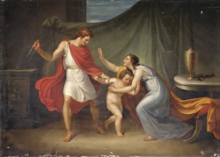 Framed Print : Pirro threatens the life of Astyanax, by Abbondio Bagutti, 1814 - 1815, 19th Century, oil on canvas, 163 x 227 cm - Italy, Lombardy, Milan, Brera Academy. Whole artwork view Framed Print : Pirro threatens the life of Astyanax, by Abbondio Bagutti, 1814 - 1815, 19th Century, oil on canvas, 163 x 227 cm - Italy, Lombardy, Milan, Brera Academy. Whole artwork view