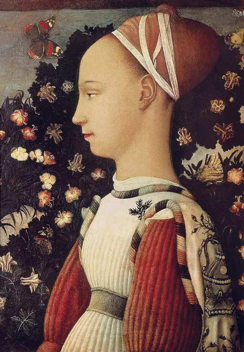 Framed Print : PISANELLO, Antonio di Puccio Pisano, called (1395-1455). Portrait of Ginevra d'Este. 1436 - 1438. Princess of the Este familiy. She married Sigismondo Malatesta in 1434