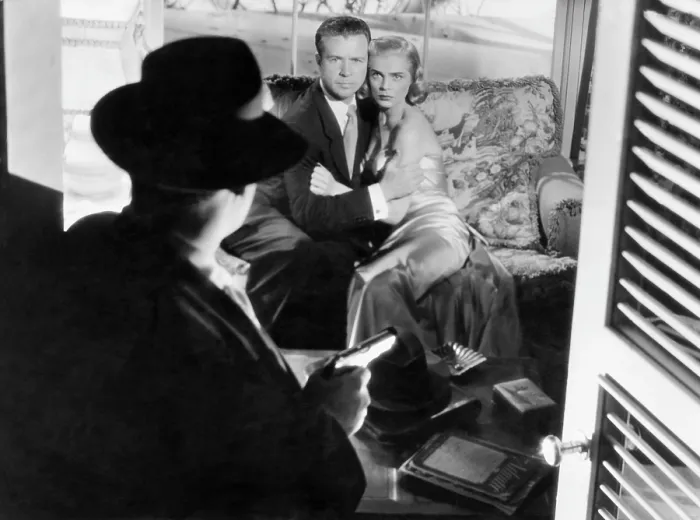Framed Print : PITFALL, Raymond Burr (back to camera), from left; Dick Powell, Lizabeth Scott, 1948 Framed Print : PITFALL, Raymond Burr (back to camera), from left; Dick Powell, Lizabeth Scott, 1948