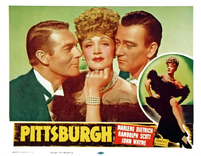 Framed Print : PITTSBURGH, US lobbycard, from left: Randolph Scott, Marlene Dietrich, John Wayne, 1942