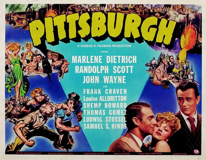 Framed Print : PITTSBURGH, bottom right from left: Randolph Scott, Marlene Dietrich, John Wayne, 1942