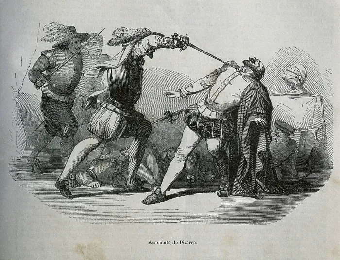 Framed Print : PIZARRO, Francisco (1476-1541). Spanish military man, conqueror of Peru. Pizarro's death by Almagrists at his palace in Lima, on the 26th June 1541. Engraving. - J