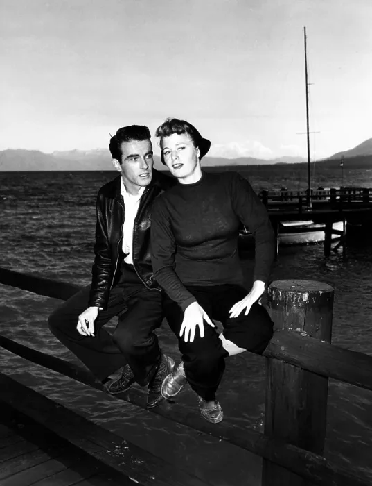 Framed Print : A PLACE IN THE SUN, from left, Montgomery Clift, Shelley Winters, between scenes on location, 1951
