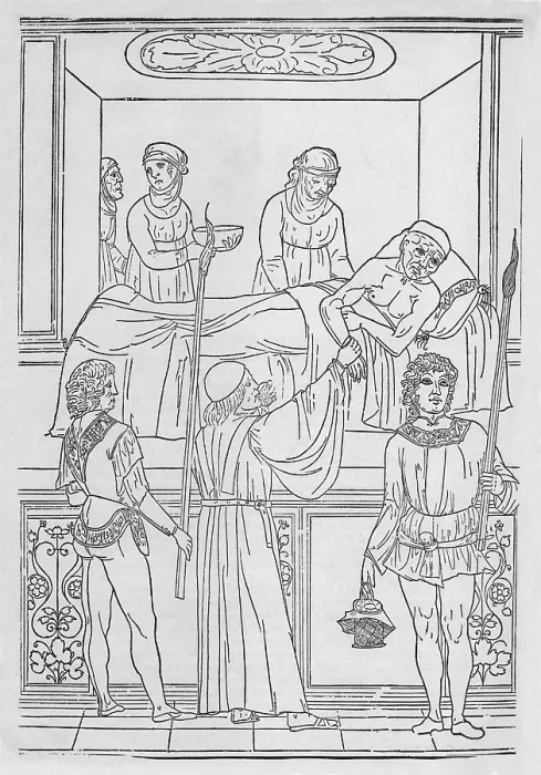 Framed Print : Plague patient. A physician (center front) is taking the pulse of a patient while he breaths through sponge soaked in herbs to protect against evil emanations from the victim