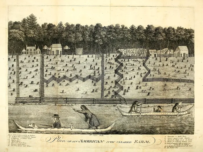 Framed Print : Plan of an American New Cleared Farm. Detailed print shows Whites and Indians traveling on the river farm structures including various types of fences and building. Ca. 1793 Framed Print : Plan of an American New Cleared Farm. Detailed print shows Whites and Indians traveling on the river farm structures including various types of fences and building. Ca. 1793