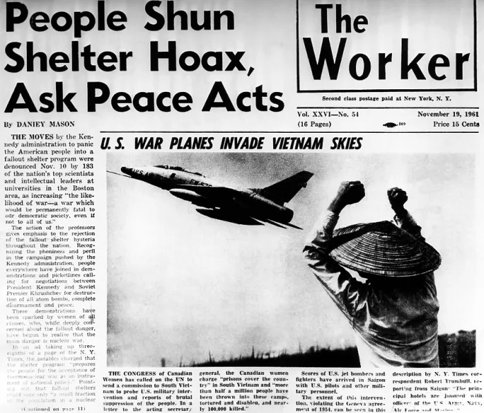 Framed Print : US Planes Invade Vietnam Skies. An obviously manipulated composite photograph on the front page of the Daily Worker, the newspaper of the American Communist Party. Nov. 19, 1961 Framed Print : US Planes Invade Vietnam Skies. An obviously manipulated composite photograph on the front page of the Daily Worker, the newspaper of the American Communist Party. Nov. 19, 1961