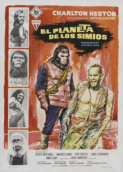 Framed Print : PLANET OF THE APES, (aka EL PLANETA DE LOS SIMIOS), left from top: Charlton Heston, Roddy McDowall, Linda Harrison, Maurice Evans