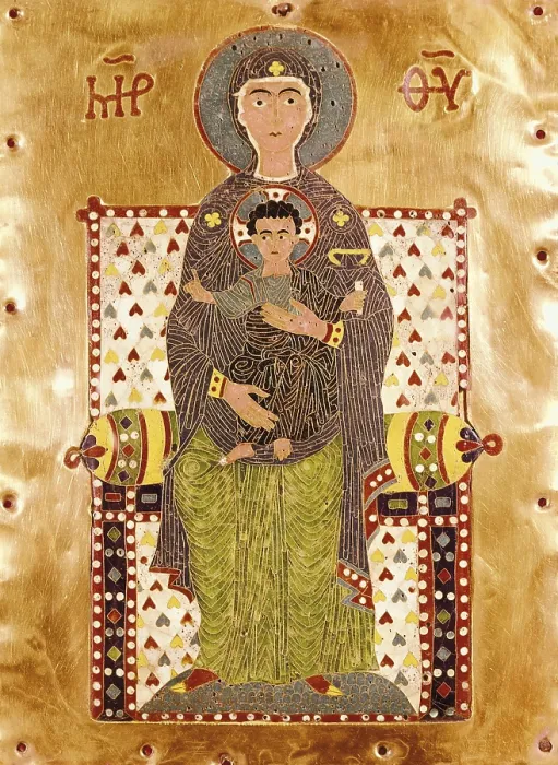 Framed Print : Plaque depicting an enthroned Virgin Mary (Theotocos Virgin). 10th c. Made of enamel and gold in Byzantium. Byzantine art. Enamel. SPAIN. Madrid. LAzaro Galdiano Foundation