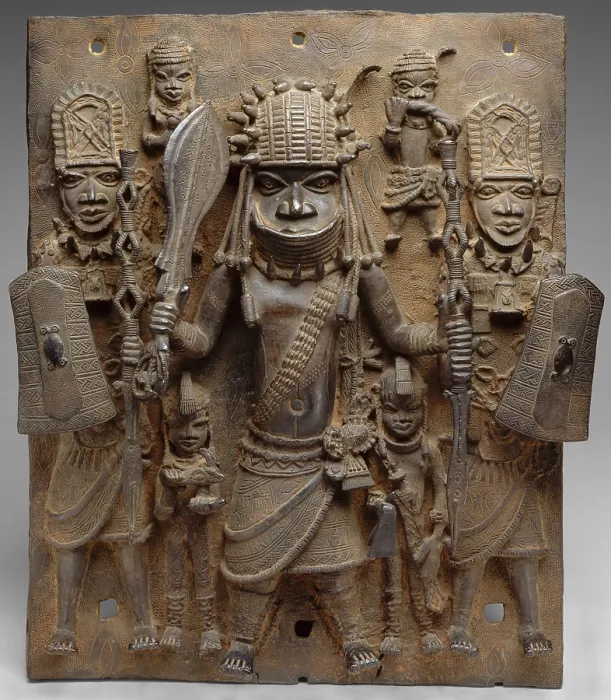 Framed Print : PLAQUE WARRIOR AND ATTENDANTS, 16th-17th c. Nigeria, Africa, Court of Benin, sculpture, cast brass. This work hung on the exterior of the royal palace in Benin City