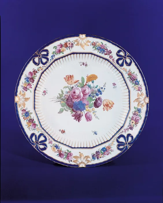 Framed Print : Plate with floral decoration, by Unknown Artist, 18th Century, - Italy, Campania, Naples, Duca di Martina Museum. All. Plate porcelain decoration hem blue ribbon flowers