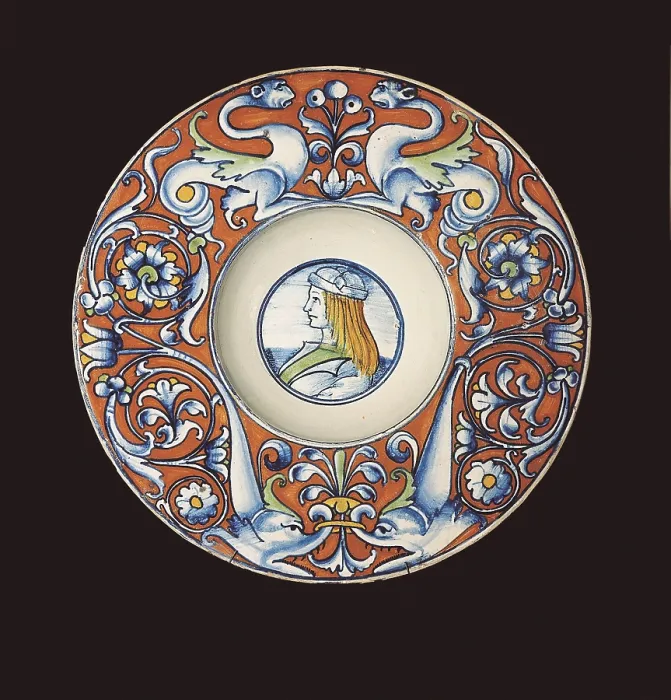 Framed Print : Plate with man's portrait. Ceramics of Castel (1500) painted by Giovanni Maria. Ceramics. UNITED KINGDOM. London. Victoria and Albert Museum