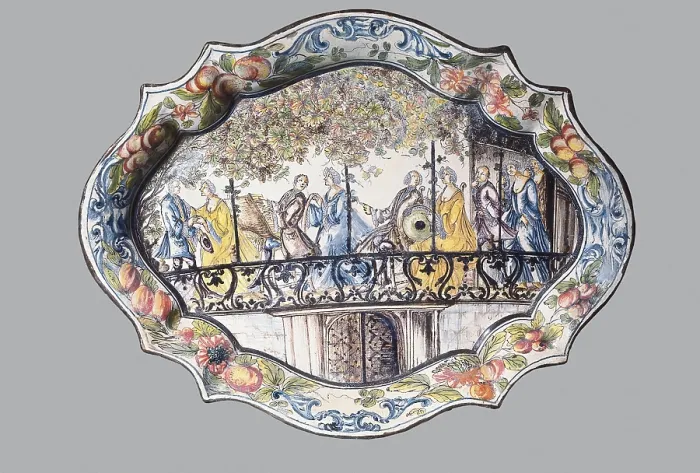 Framed Print : Plate of Venetian maiolica with scene of dance (18th c.). Made by the factory BertoliniMurano. Ceramics. AISA / Everett Collection (57081)**US SALES ONLY**