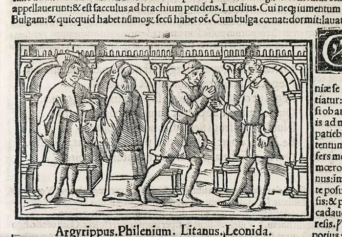 Framed Print : Plautus (254-184 BC). Illustration of a scene from the third act of the work 'Asinaria', in an edition of Plautus 'Comedies' from 1518. Xylography. SPAIN