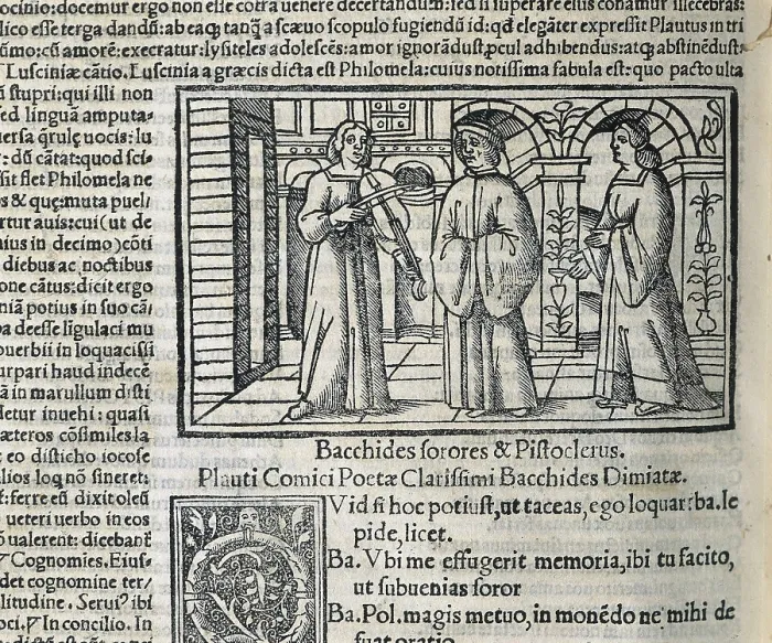 Framed Print : Plautus (254-184 BC). Illustration of a scene from the first act of the work 'Bacchides', in an edition of Plautus 'Comedies' from 1518. Xylography