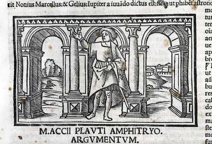 Framed Print : Plautus (254-184 BC). Illustration of the work 'Amphitryo', in an edition of Plautus 'Comedies' from 1518. Xylography. SPAIN. Barcelona