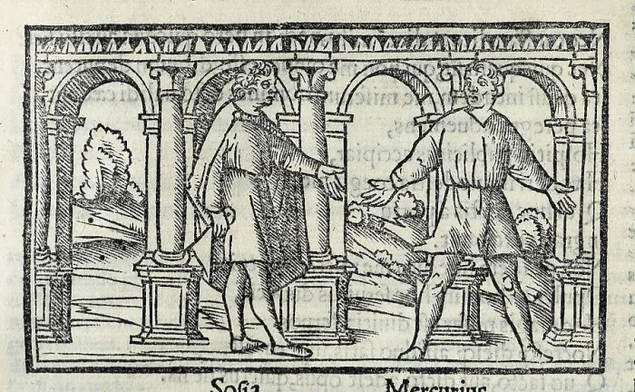 Framed Print : Plautus (254-184 BC). Illustration of the work 'Amphitryo' with the characters of Sophie and Mercurius, in an edition of Plautus 'Comedies' from 1518 Framed Print : Plautus (254-184 BC). Illustration of the work 'Amphitryo' with the characters of Sophie and Mercurius, in an edition of Plautus 'Comedies' from 1518