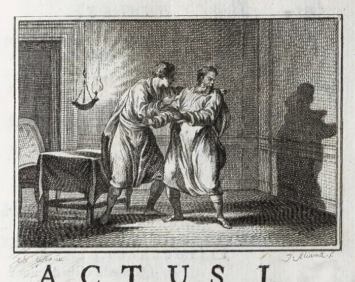 Framed Print : Plautus (254-184 BC). Scene from the first act of the comedy 'Bacchides' (1759). Etching. AISA / Everett Collection**US SALES ONLY**