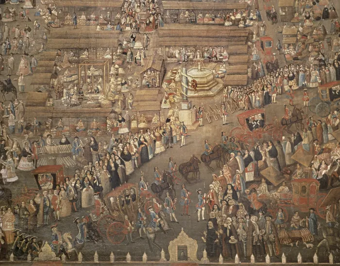 Framed Print : Plaza Mayor of Mexico City. ca. 1766. The viceroys's cortege crossing the aquare in a market day. Painting attributed to Juan Antonio Prado. Central detail. Colonial baroque