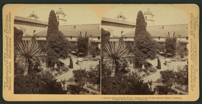 Framed Print : A pleasant retreat from the world - stereoscopic view of gardens of the old Santa Barbara Mission, California, c. 1902