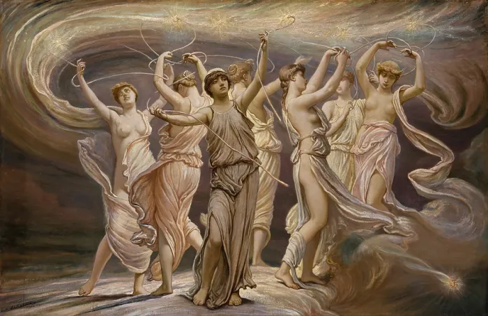 Framed Print : THE PLEIADES, by Elihu Vedder, 1885, American painting, oil on canvas. The Pleiades of Greek mythology, were the seven divine daughters of titan Atlas and the nymph Pleione