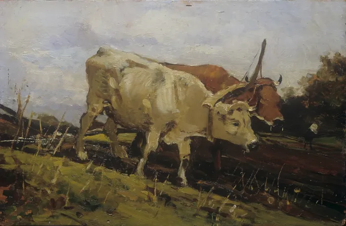 Framed Print : Plowing with Two Oxen (L'aratura con due buoi), by Demetrio Cosola, 1880 - 1895, 19th century, oil on board - Private collection. Whole artwork view