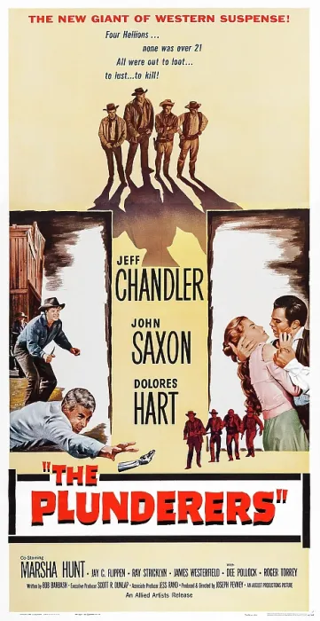 Framed Print : THE PLUNDERERS, US poster art, from left: Jeff Chandler, Dolores Hart, John Saxon, 1960 Framed Print : THE PLUNDERERS, US poster art, from left: Jeff Chandler, Dolores Hart, John Saxon, 1960