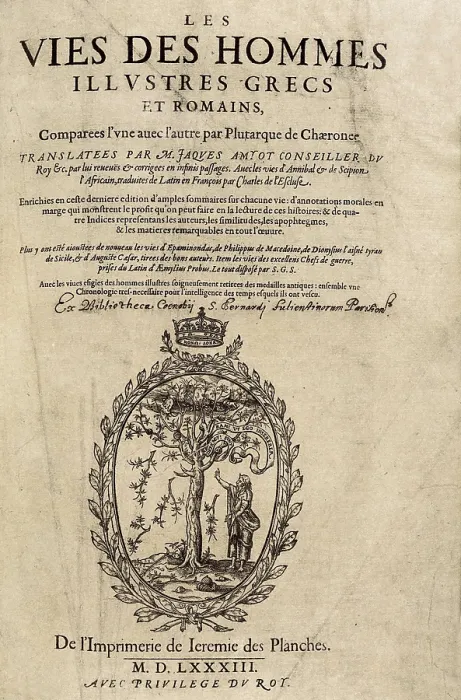 Framed Print : PLUTARCH (45-125). Frontispiece of a French edition of the work 'Life of the Noble Greeks and Romans', also known as 'Parallel Lives'. FRANCE. Paris Framed Print : PLUTARCH (45-125). Frontispiece of a French edition of the work 'Life of the Noble Greeks and Romans', also known as 'Parallel Lives'. FRANCE. Paris