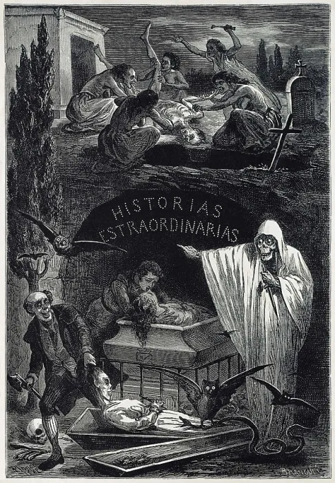 Framed Print : POE, Edgar Allan (1809-1849). 'Historias Extraordinarias' (Extraordinary Tales). Spanish edition. Cover. Painting. SPAIN. Madrid. National Library
