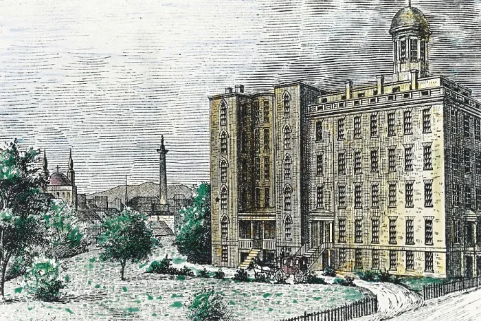 Framed Print : POE, Edgar Allan (1809-1849). Hospital in Baltimore where Poe died. Etching. AISA / Everett Collection**US SALES ONLY**