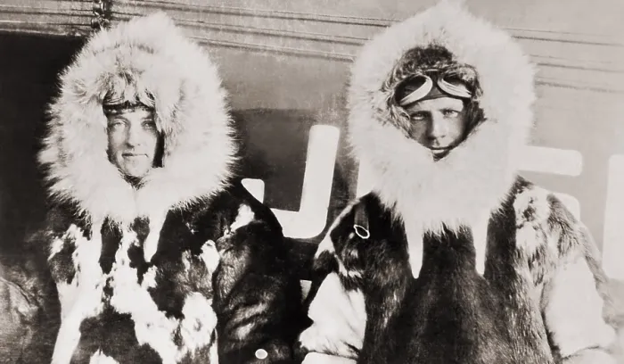 Framed Print : Polar aviators Richard Byrd and Floyd Bennett in fur on Spitsbergen Island, Norway