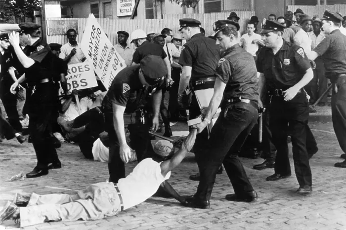 Framed Print : Police attempt to break up demonstration against racial discrimination in jobs at construction site of new Barrington High School, 7 / 3 / 63, Newark, NJ