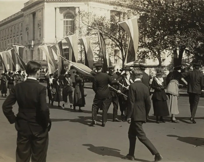 Framed Print : Police confront a line of National Woman's Party pickets and seize their banners on Constitution Avenue, outside Senate Office Building in October 1918