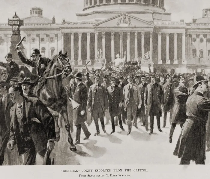 Framed Print : Police escorting General Jacob Coxey from the steps of the Capitol where he was speaking. The technical reason for his arrest was walking on the Capitol grass Framed Print : Police escorting General Jacob Coxey from the steps of the Capitol where he was speaking. The technical reason for his arrest was walking on the Capitol grass