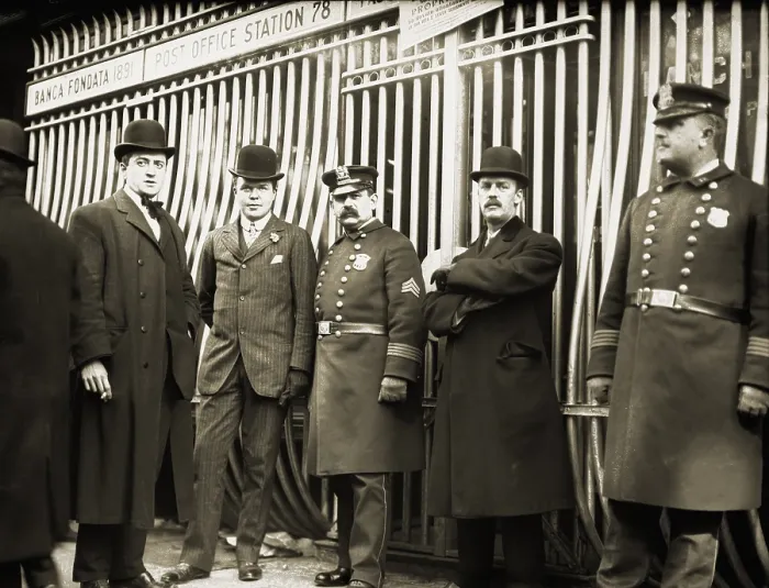Framed Print : Police guard a failed bank from panicked depositors in New York City's Little Italy in 1908 Framed Print : Police guard a failed bank from panicked depositors in New York City's Little Italy in 1908