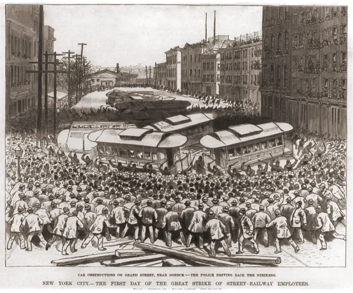 Framed Print : Police use clubs to drive strikers back from a streetcar barricade on Grand Street in Manhattan, during the first day of the street railway employees in March 1886