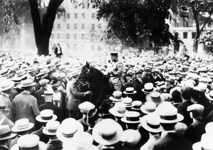 Framed Print : Policeman drives his horse through the crowds on Boston Common during a Sacco-Vanzetti protest. Speakers and Spectators were arrested. 1927. - (CSU_2015_5_105)
