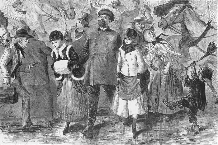 Framed Print : Policeman escorting two pretty young women across Broadway, New York City, while surrounded by the chaos of horse and wagon traffic endangering less attractive citizens. 1870