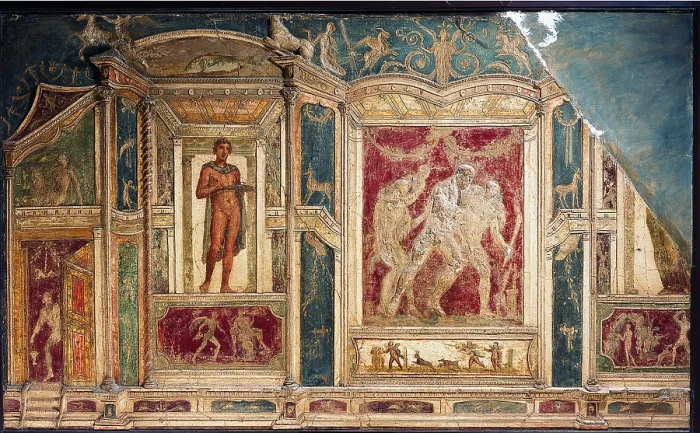 Framed Print : Polichrome Stucco, by unknown artist, 62-79, 1st Century A.D. ripped fresco, 285 x 159 cm - Italy, Campania, Naples, National Archaeological Museum, Room LXXII, inv. 9596