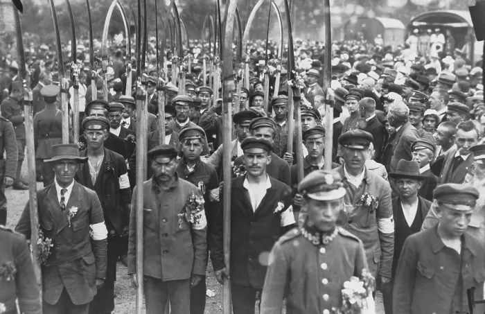 Framed Print : Polish army volunteers with scythes in a crowd of people in July 1920 Framed Print : Polish army volunteers with scythes in a crowd of people in July 1920