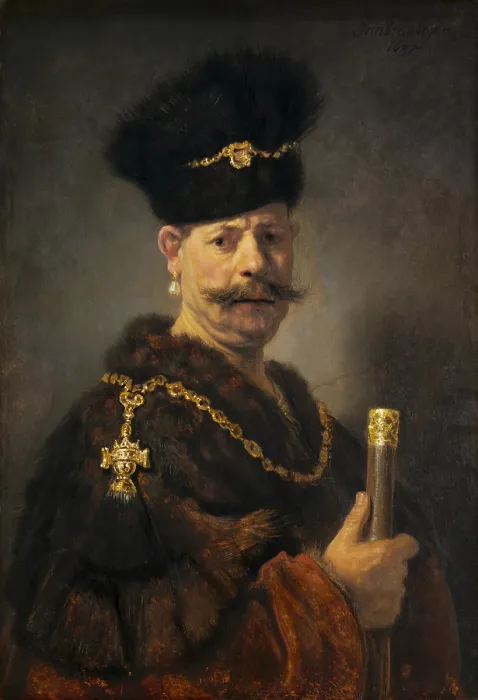 Framed Print : A Polish Nobleman, by Rembrandt van Rijn, 1637, Dutch painting, oil on panel. This is a costume portrait, and may even be a Rembrandt self-portrait