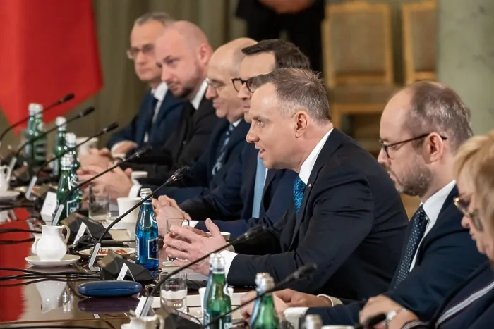 Framed Print : Polish President Andrzej Duda speaks in a meeting with President Biden at the Presidential Palace in Warsaw, Feb. 21, 2023
