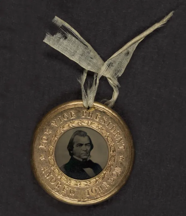 Framed Print : Political campaign button for 1864 presidential election showing bust tintype portrait of Vice Presidential candidate, Andrew Johnson in a metal casing