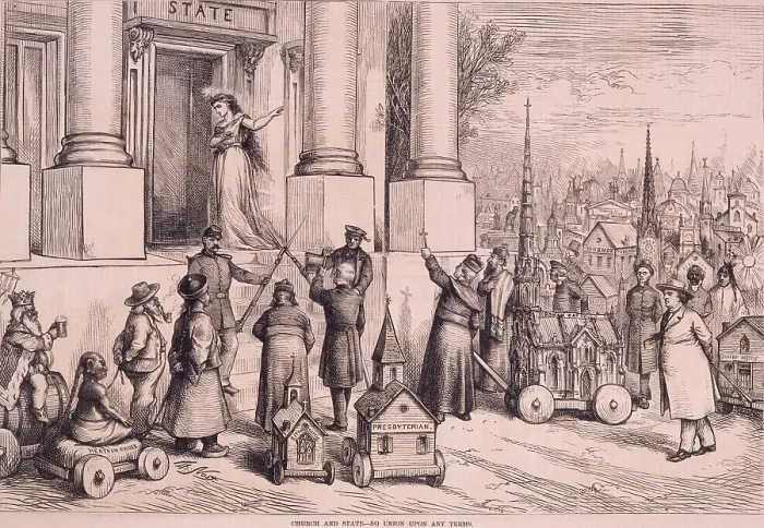Framed Print : Political cartoon, entitled, CHURCH AND STATE-NO UNION UPON ANY TERMS, by Thomas Nast, shows a symbolic women rejecting, and soldiers blocking