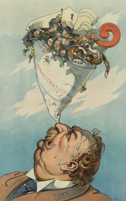 Framed Print : Political cartoon of President Taft balancing a paper cone containing Republican factional splits. A TICKLISH FEAT, in Puck Magazine, Aug. 31, 1910 Framed Print : Political cartoon of President Taft balancing a paper cone containing Republican factional splits. A TICKLISH FEAT, in Puck Magazine, Aug. 31, 1910