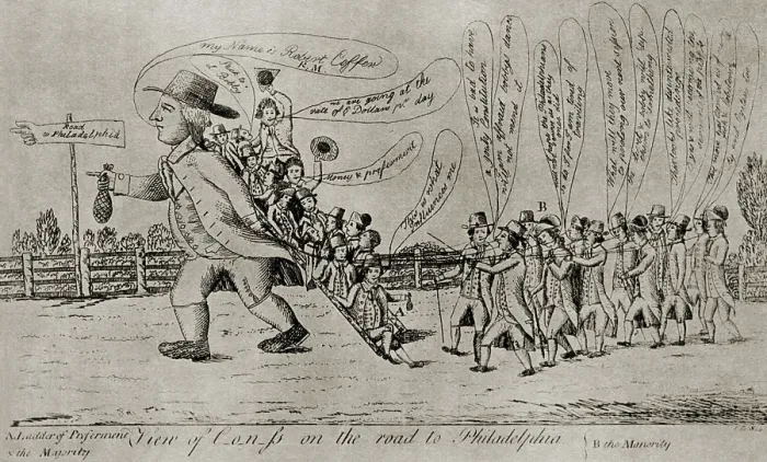 Framed Print : Political cartoon shows Pennsylvania Senator, Robert Morris, clutching a moneybag, as he drags Congress from New York to Philadelphia Framed Print : Political cartoon shows Pennsylvania Senator, Robert Morris, clutching a moneybag, as he drags Congress from New York to Philadelphia