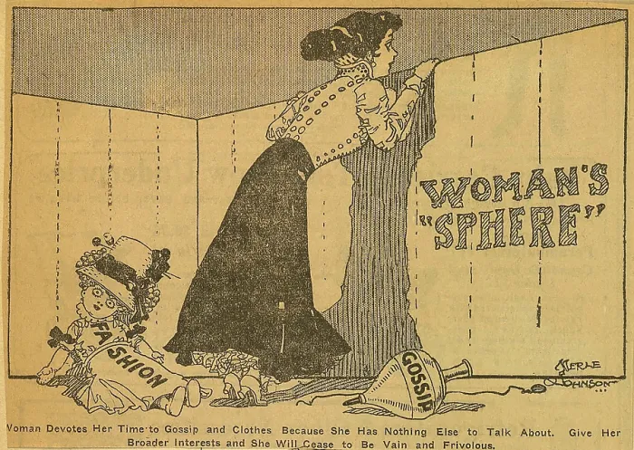 Framed Print : Political cartoon shows woman peering over a fence labeled Woman's Sphere while her toys Fashion and gossip lay abandoned Framed Print : Political cartoon shows woman peering over a fence labeled Woman's Sphere while her toys Fashion and gossip lay abandoned