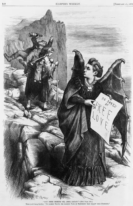 Framed Print : Political cartoon by Thomas Nast depicting Victoria Woodhull as the devil who holds banner Framed Print : Political cartoon by Thomas Nast depicting Victoria Woodhull as the devil who holds banner