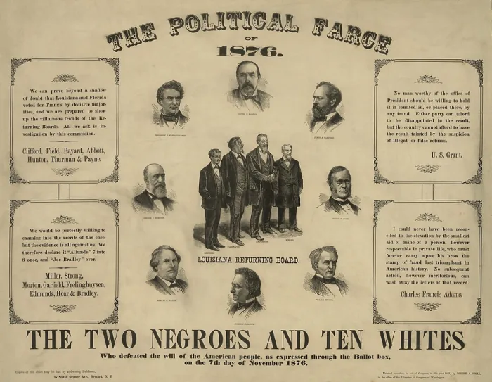 Framed Print : THE POLITICAL FARCE OF 1876 showing portraits of twelve men who served on the election boards of Florida and Louisiana, who defeated the will of the American people